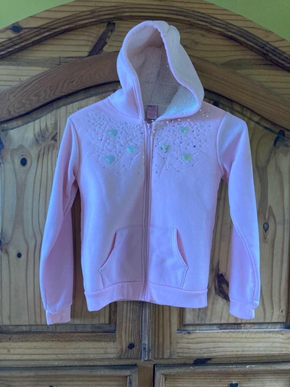 Girls Real Love pink silver sequin hearts hoodie zip front jacket size 14-16